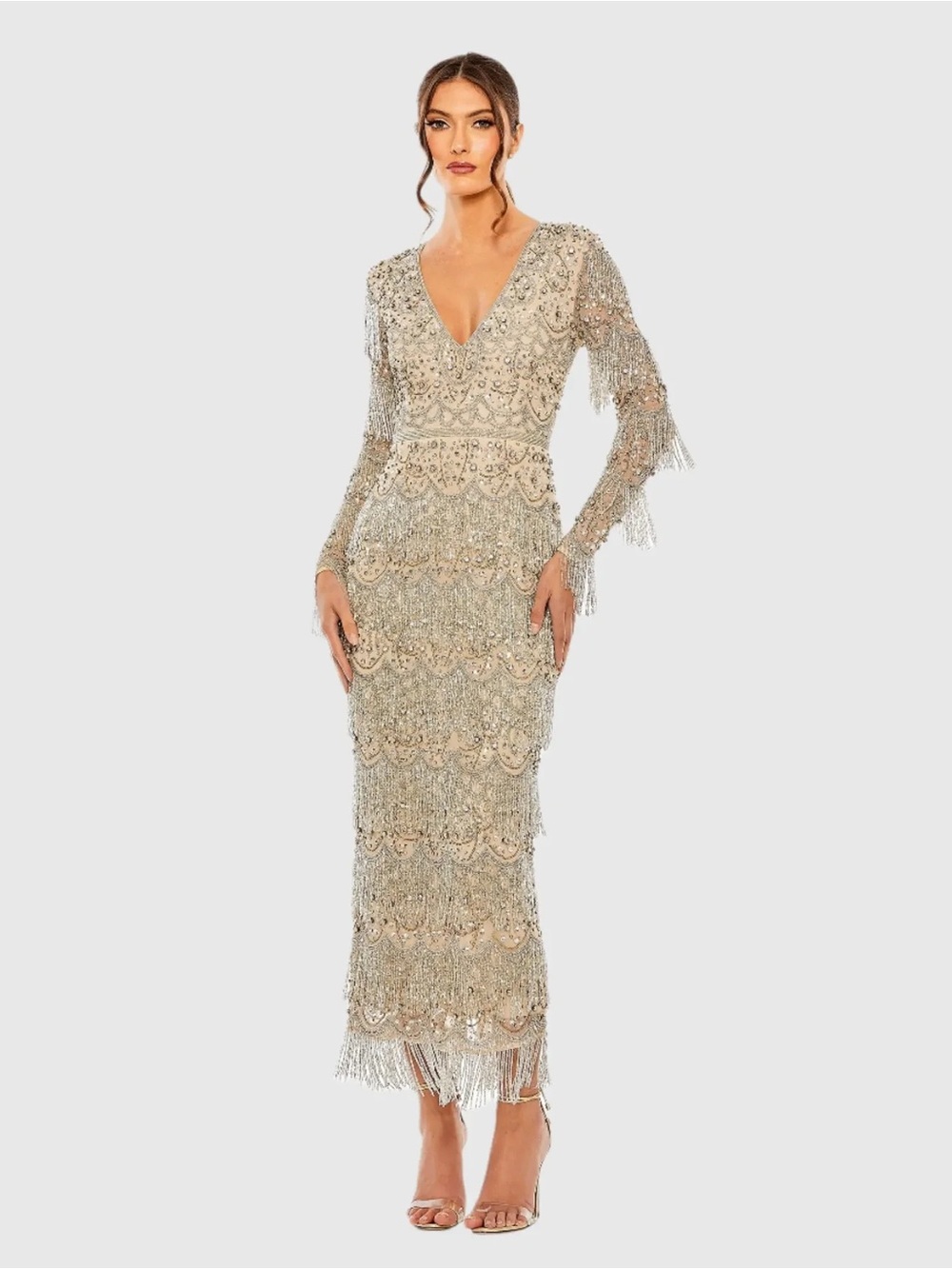 Mac Duggal 93861 Beige V-Neck Long Sleeve Beaded Fringe Dress sz 12 NEW